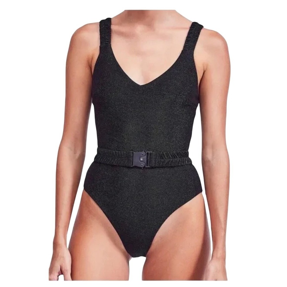Devon Windsor Oaklee Full-Piece Swimsuit Midnight Green Metallic Belted Small